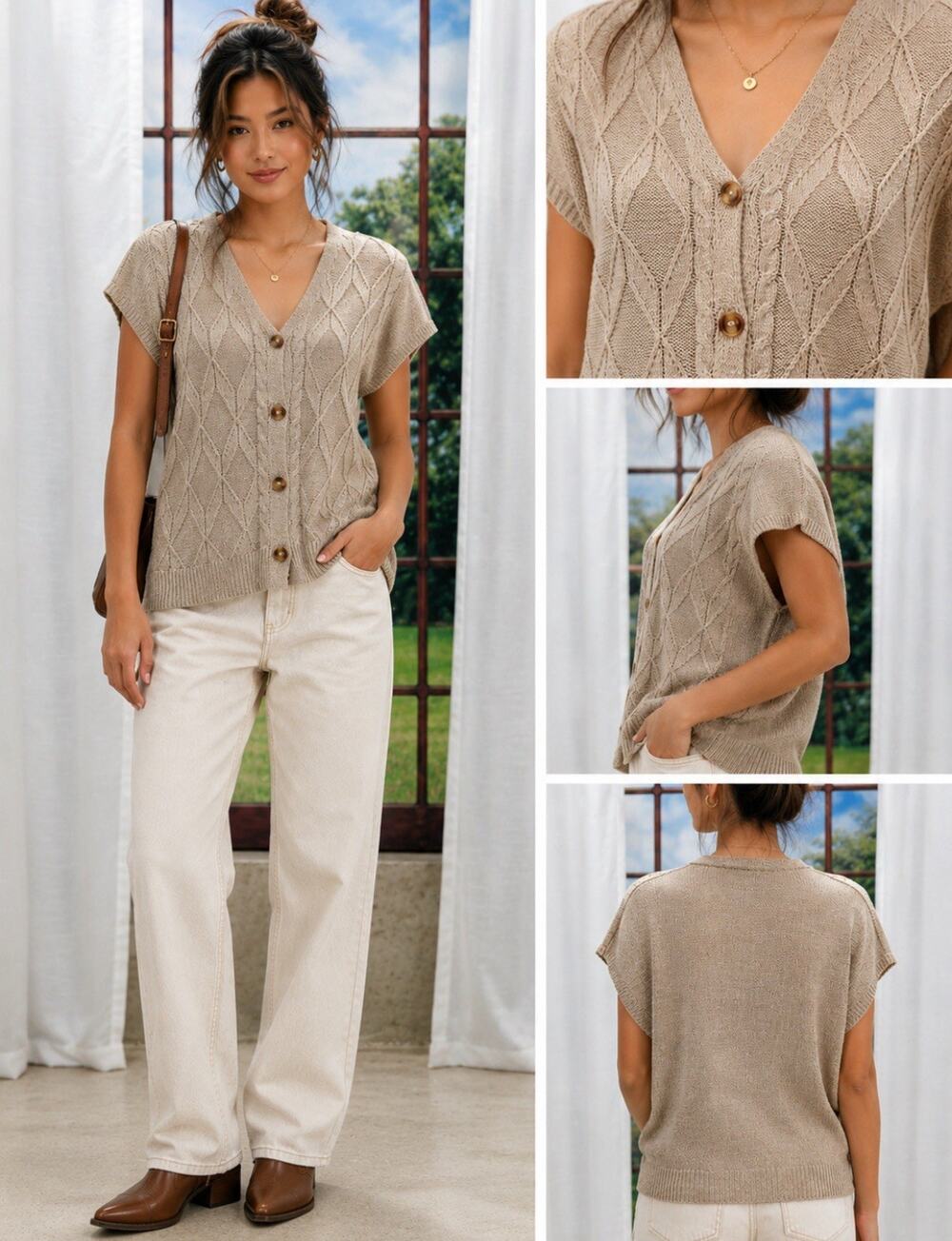 Coastal Boho Preppy Vintage Style Womens Beige Cable Knit Cardigan Vest Size XL